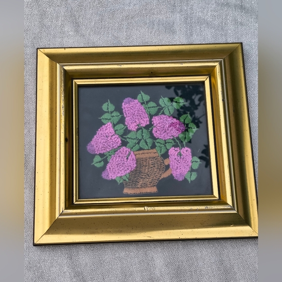 Vintage Framed Crewel Embroidery Floral Plant in Pot Artwork